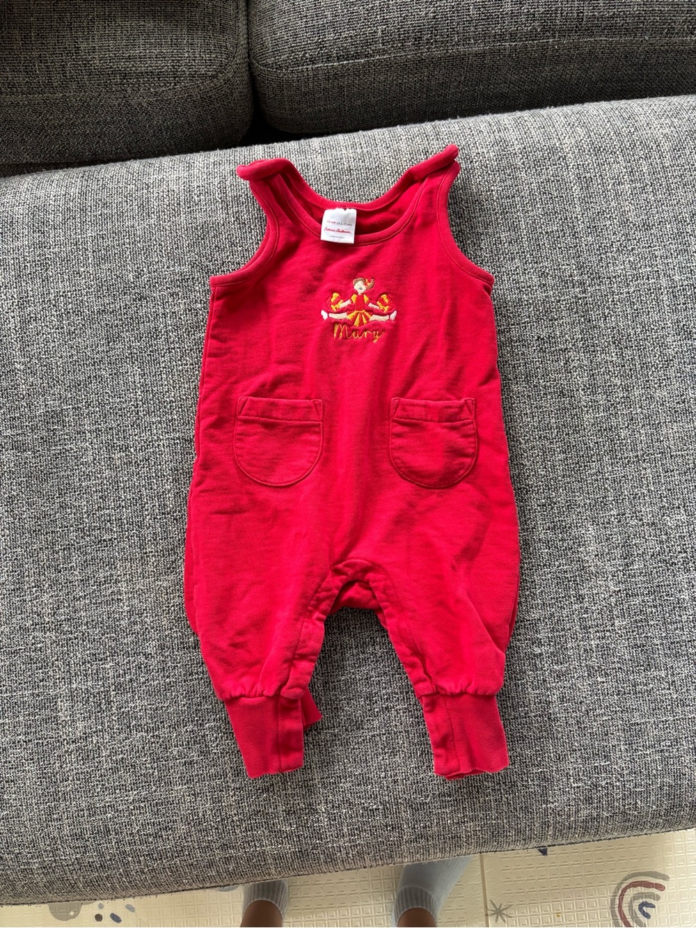 Red cotton Hanna Andersson overalls with cheerleader and “Mary” embroidery